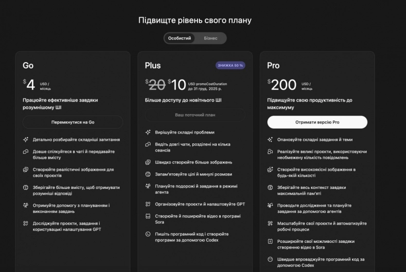 OpenAI запустила в Україні бюджетну передплату ChatGPT Go за $4 1