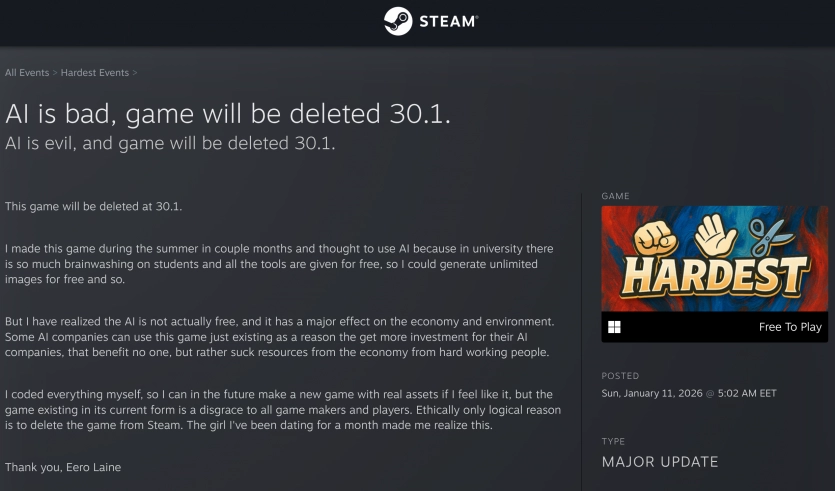 Розробник видалив гру зі Steam — нова дівчина переконала його, що ШІ це зло 2