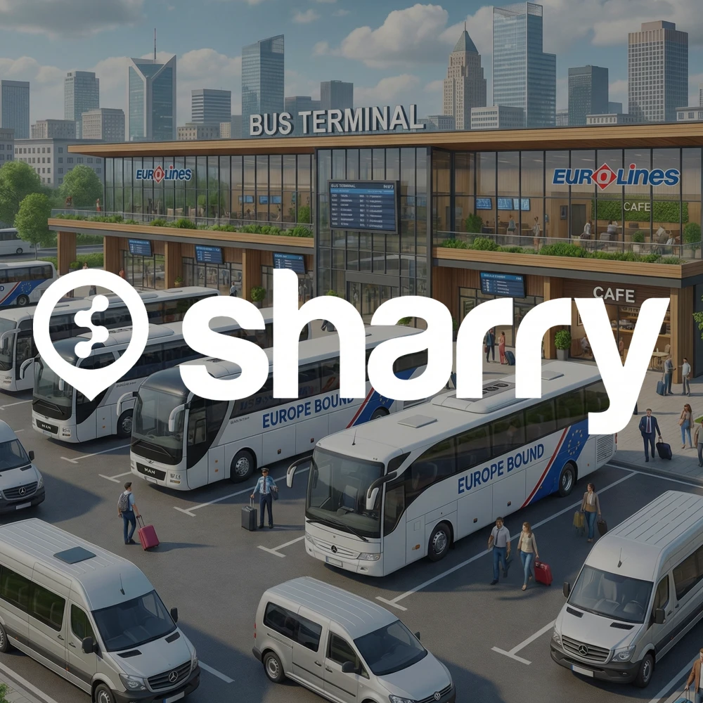 Гроші в безпеці: чому Шеррі дозволяє платити при посадці та як це береже ваші нерви 1 Sharry на фоні білих автобусів та мінібусів, що стоять на автовокзалі