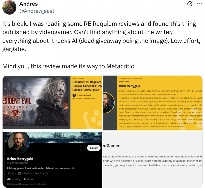 Metacritic видалив з Videogamer огляд Resident Evil Requiem: рецензію написав ШІ, а не журналіст 2