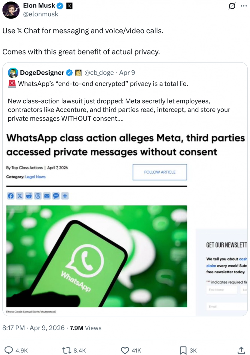 Ілон Маск критикує WhatsApp і Signal: X офіційно презентує свій месенджер XChat 2