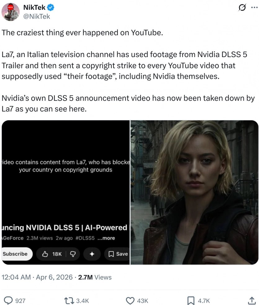 Італійський канал викрав трейлер NVIDIA про DLSS 5 на 2,3 мільйона і заблокував його на YouTube. 2