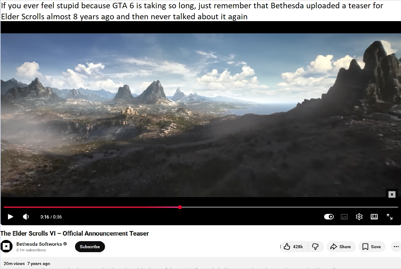 "Ми вдячні": фанати GTA 6 висміяли Bethesda за 15 років очікування The Elder Scrolls VI "Ми вдячні": фанати GTA 6 висміяли Bethesda за 15 років очікування The Elder Scrolls VI 2