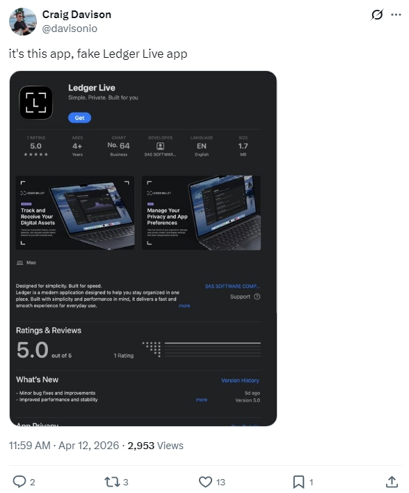 Мінус 6 біткоїнів за секунду: фальшивий Ledger з App Store викрав пенсійні накопичення відомого музиканта 2