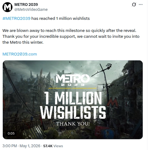 Metro 2039 відзначає перший мільйон бажаних покупок і висловлює подяку шанувальникам. 2