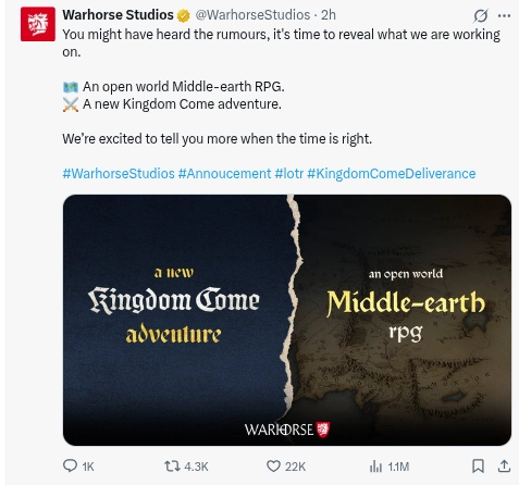 Warhorse офіційно оголосила про RPG у Середзем'ї та нову пригоду Kingdom Come. 2